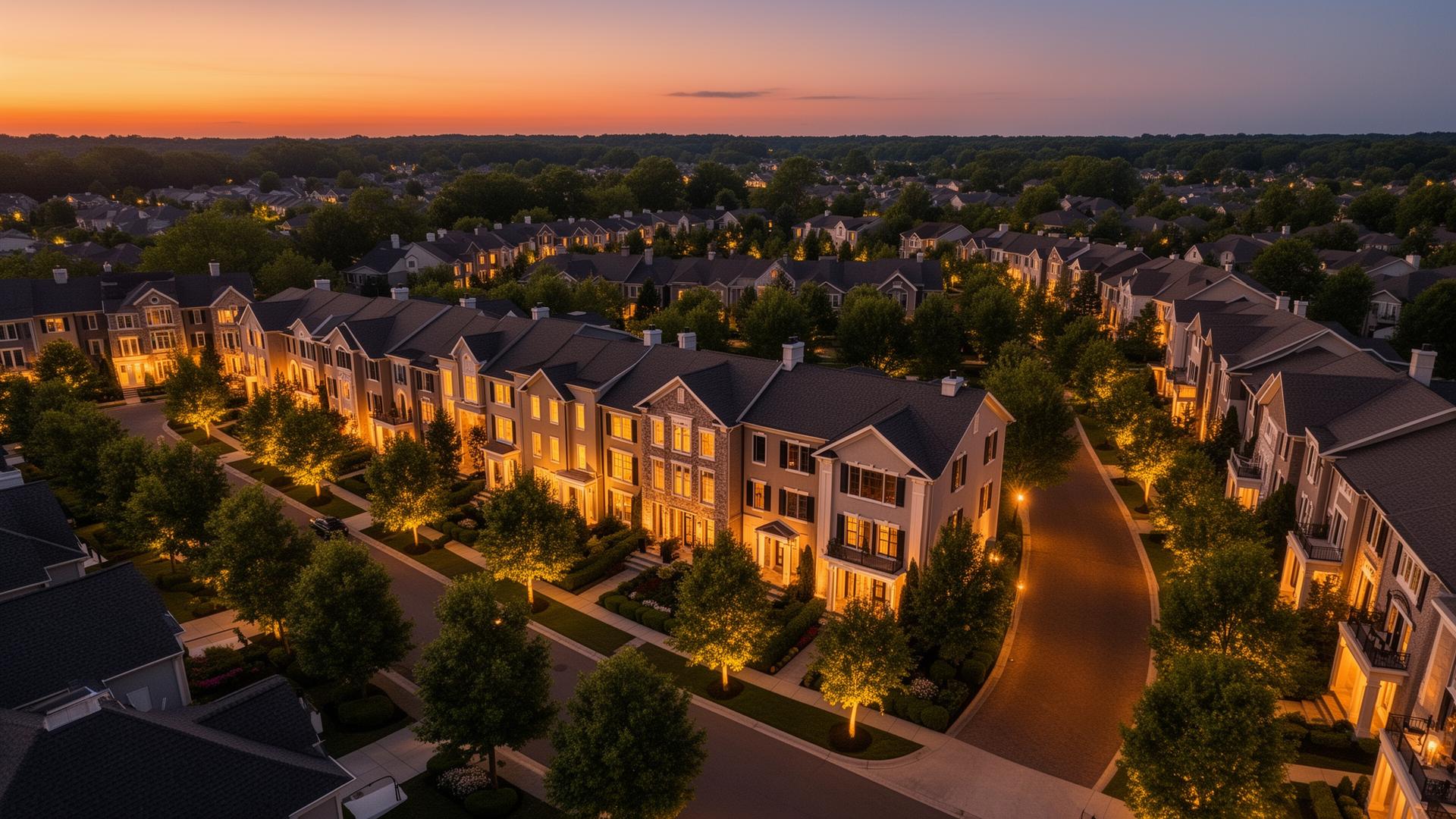 Aerial view of an elegant master-planned residential community at twilight